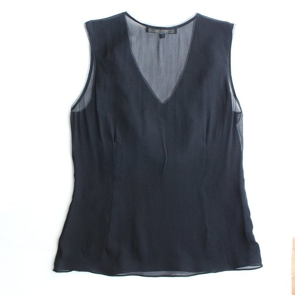 Lida Baday Black Silk Top Ruffle Metallic detail Sheer Back V-neck Sleeveless - Picture 3 of 7